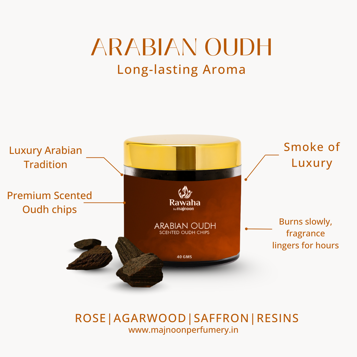 Arabian Oudh Scented Chips – Long-Lasting Luxury Aroma | Rawaha by Majnoon (40GMS)