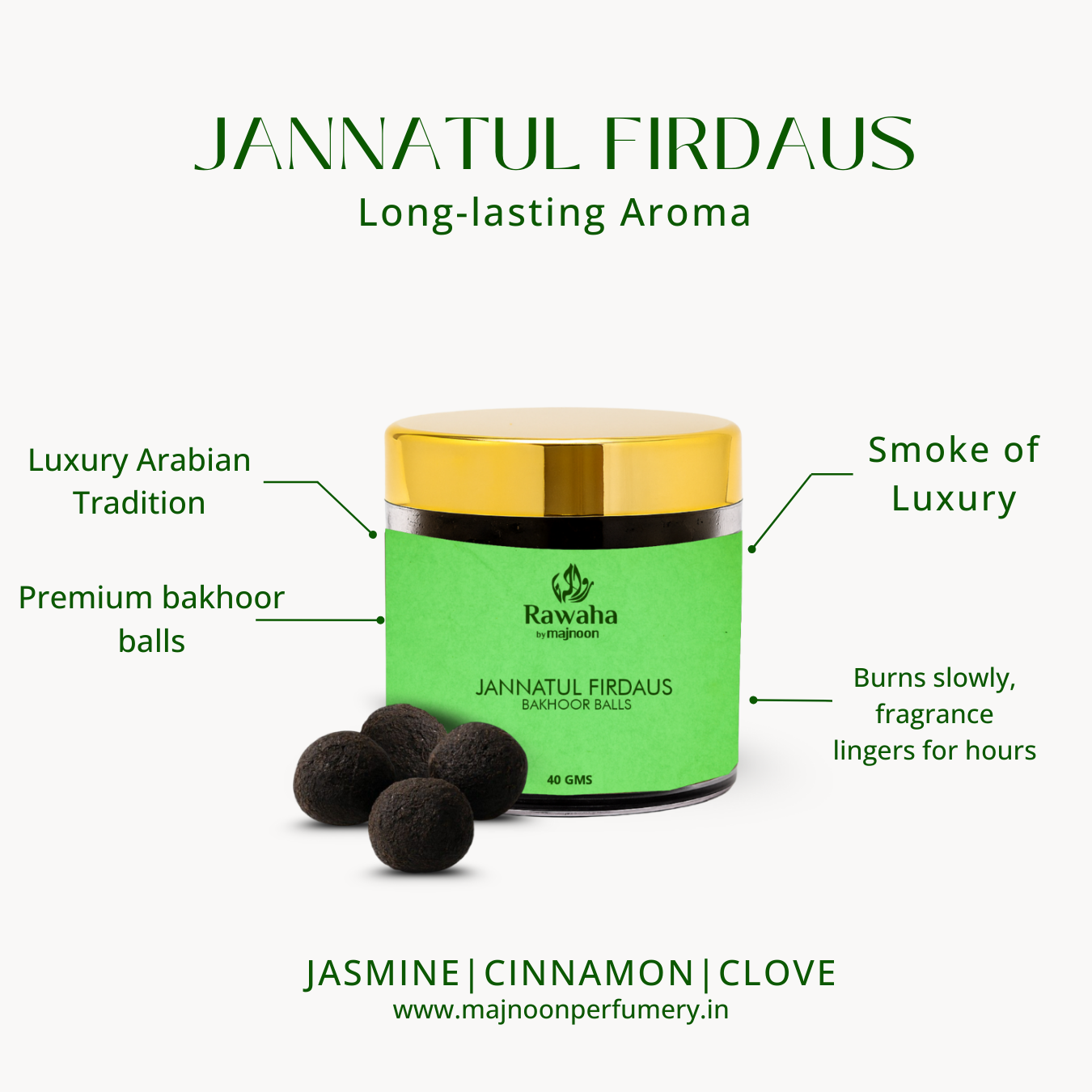 Jannatul Firdaus Bakhoor Balls – Fresh & Spiritual Aroma | Rawaha by Majnoon(40GMS)