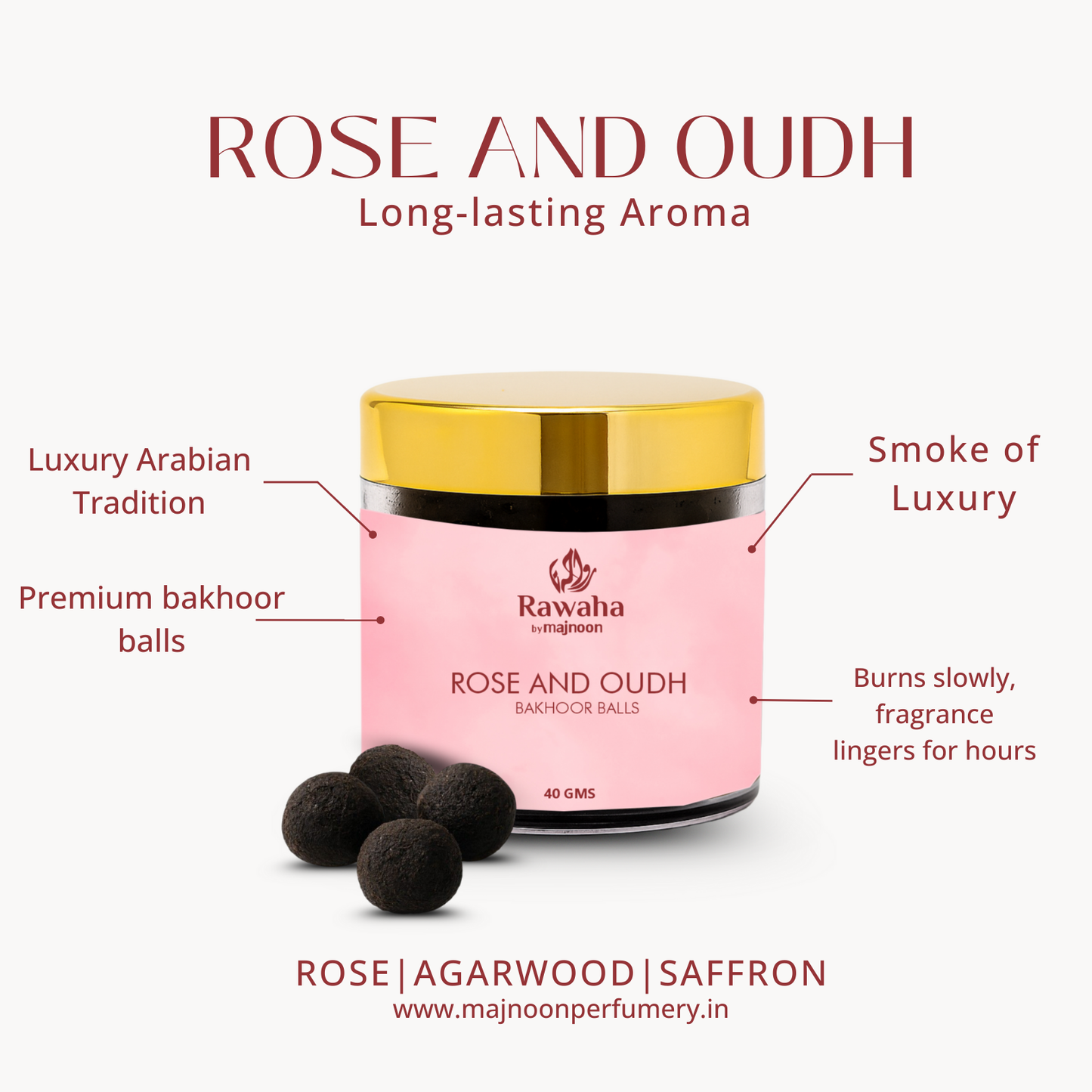 Rose and Oudh Bakhoor Balls – Floral Oriental Elegance | Rawaha by Majnoon (40GMS)