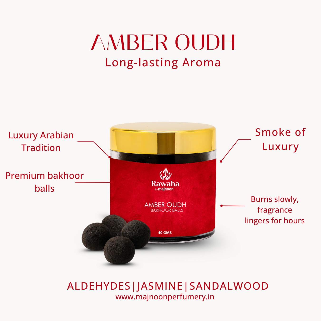 Amber Oudh Bakhoor Balls – Warm & Luxurious Aroma | Rawaha by Majnoon (40GMS)