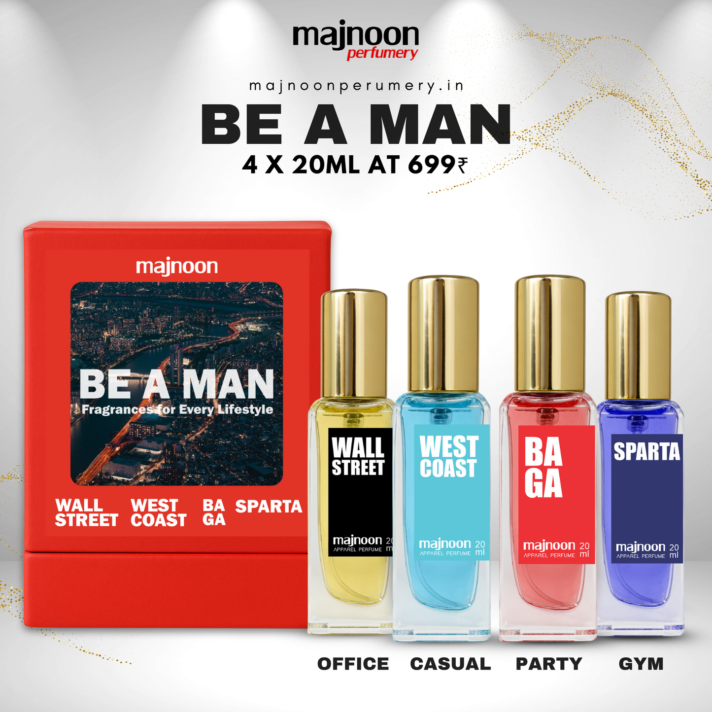 Be A Man Perfume Set | 4 Lifestyle Perfumes for Men (4 × 20ml) | Office, Gym, Party & Casual
