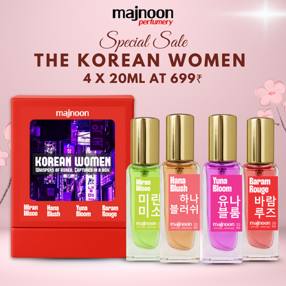 Korean Women Perfume Set | 4 Long-Lasting Perfumes (4 × 20ml) | Gourmand, Floral, Rose & Suede Scents