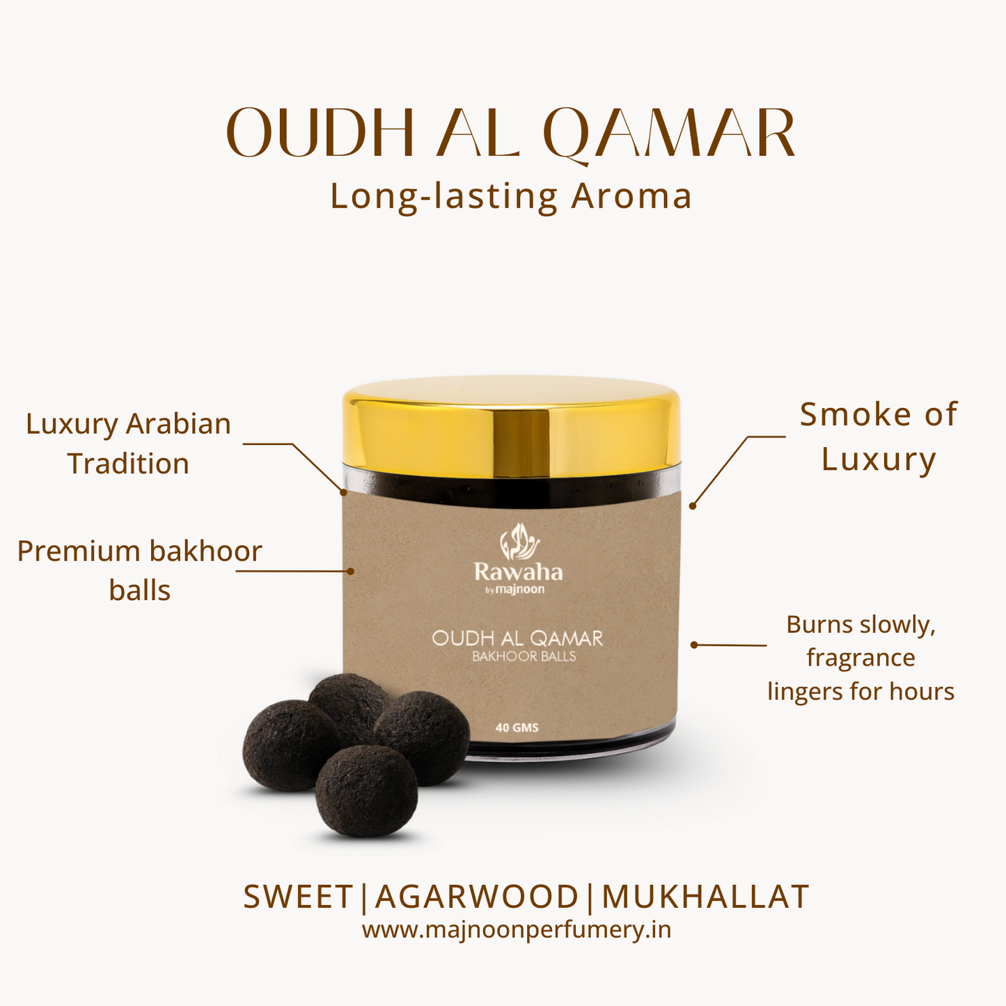 Oudh Al Qamar Bakhoor Balls – Mystical Lunar Aroma | Rawaha by Majnoon (40GMS)